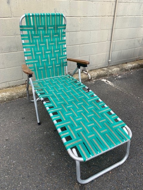 CHAIR, Folding Vintage Lawn Sunlounge - Green Teal Webbing